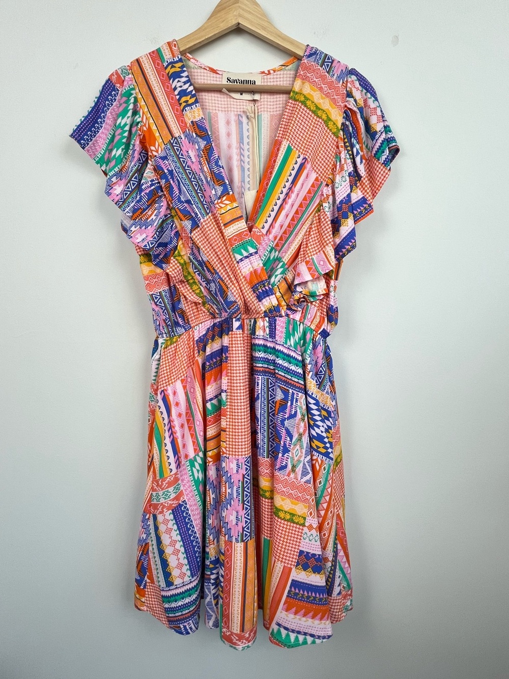 NWT Savanna Jane multicolor flutter sleeve mini dress, medium.